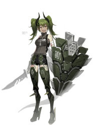 Rule 34 | 1girl, absurdres, bandages, bandaged arm, bandages, bare shoulders, cyberpunk, dog tags, green hair, hair between eyes, high heels, highres, holding, holding shield, holding sword, holding weapon, horns, id card, injury, medium hair, open mouth, original, scratches, sharp teeth, shield, simple background, sketch, smile, solo, soyoong jun, standing, sword, tail, teeth, turtleneck, twintails, upper teeth only, weapon, white background, yellow eyes
