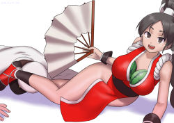 Rule 34 | 1girl, black hair, breast padding, brown eyes, cosplay, fatal fury, folding fan, food, fruit, hand fan, high ponytail, japanese clothes, kantai collection, long hair, misumi (niku-kyu), nisshin (kancolle), open mouth, pelvic curtain, revealing clothes, shiranui mai, shiranui mai (cosplay), short eyebrows, smile, solo focus, the king of fighters, thick eyebrows, twitter username, very long hair, watermelon