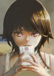 Rule 34 | 1girl, aro (charged time out), bad id, bad pixiv id, bare shoulders, braid, brown hair, cup, drinking glass, eyebrows, female focus, fingernails, holding, looking at viewer, original, parted lips, purple eyes, short hair, single braid, solo, tank top