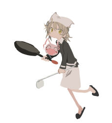 Rule 34 | 1girl, alternate costume, black shirt, character request, closed mouth, collared shirt, commentary request, copyright request, cosplay request, digimon, digimon (creature), dot mouth, expressionless, frying pan, full body, hatoba tsugu, holding, holding frying pan, holding ladle, kokaki mumose, ladle, light brown hair, long sleeves, looking at viewer, looking to the side, mole, mole under eye, shirt, simple background, skirt, slippers, tsugu (vtuber), virtual youtuber, white background, white headwear, white skirt, yellow eyes