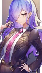 Rule 34 | 1girl, artist request, black jacket, breasts, cerejeira elron, fate/grand order, fate (series), grey eyes, highres, jacket, jewelry, large breasts, long hair, looking at viewer, multicolored hair, necktie, open clothes, open jacket, purple lips, purple necktie, ring, skull ring