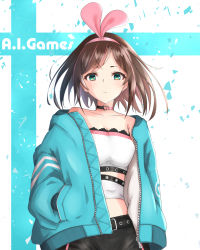 Rule 34 | 1girl, belt, black pants, blue jacket, breasts, brown hair, choker, cleavage, collarbone, floating hair, green eyes, hairband, hand in pocket, highres, jacket, kizuna ai, kizuna ai (a.i. games), kizuna ai inc., long hair, looking at viewer, medium breasts, multicolored hair, official alternate costume, open clothes, open jacket, pants, pink hairband, shirt, solo, standing, strapless, strapless shirt, streaked hair, tele cus, unzipped, virtual youtuber