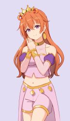 Rule 34 | 1girl, artist name, artist request, bare legs, blush, bracelet, breasts, brown hair, butterfly (love live!), choker, cleavage, clothing cutout, collarbone, cropped shirt, crown, detached sleeves, double bun, dress, dress shirt, earrings, female focus, fingers together, gold bracelet, grey background, hair between eyes, hair bun, hair rings, harem outfit, highres, jewelry, konoe kanata, long hair, looking at viewer, love live!, love live! nijigasaki high school idol club, love live! school idol festival, navel, own hands together, parted lips, puffy short sleeves, puffy sleeves, purple eyes, purple shirt, purple shorts, shirt, short sleeves, shorts, shoulder cutout, small breasts, smile, solo, two side up, yellow bracelet, yellow choker