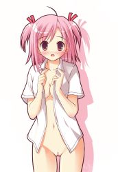 Rule 34 | 00s, 1girl, ahoge, blush, breasts, cleavage, collarbone, colored shadow, female focus, functionally nude, hair ribbon, hair ribbons, hair tie, highres, holding, holding clothes, holding shirt, looking at viewer, mahou sensei negima!, matching hair/eyes, navel, no bra, no panties, open clothes, open mouth, open shirt, partially undressed, pink eyes, pink hair, pussy, ribbon, sasaki makie, shadow, shirt, short hair, short twintails, simple background, standing, thigh gap, thighs, twintails, white shirt