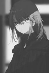 Rule 34 | 1girl, blurry, blurry background, commentary, ears visible through hair, greyscale, highres, idolmaster, idolmaster cinderella girls, jacket, light oooo, long hair, looking at viewer, looking to the side, monochrome, open clothes, open jacket, portrait, shade, solo, upper body, yuuki haru