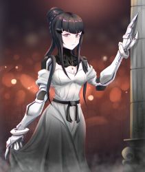 Rule 34 | 1girl, black hair, braid, breasts, closed mouth, clothes lift, commentary, cyborg, dated commentary, dress, dress lift, english commentary, feet out of frame, girls&#039; frontline, grey eyes, hair bun, hair ornament, haonfest, highres, jewelry, lips, long hair, looking at viewer, machine, mecha musume, mechanical arms, medium breasts, necklace, nyto (generic) (girls&#039; frontline), nyto (girls&#039; frontline), nyto argentus (girls&#039; frontline) (haonfest), original, paradeus, prosthesis, prosthetic arm, prosthetic leg, simple background, solo, standing, white dress