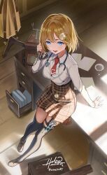 Rule 34 | 1girl, :d, absurdres, blonde hair, blue eyes, corded phone, desk, from above, hair ornament, high-waist skirt, highres, holding, holding phone, hololive, hololive english, hz (helu 2), indoors, open mouth, phone, plaid, plaid skirt, shoes, short hair, signature, skirt, smile, solo, stethoscope, thigh strap, thighhighs, virtual youtuber, watson amelia