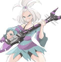 Rule 34 | 1girl, baggy clothes, bass guitar, bike shorts, blue eyes, bra strap, commission, creatures (company), dress, fang, forehead, game freak, hair bobbles, hair ornament, highres, instrument, looking at viewer, nintendo, petite, pokemon, pokemon bw2, rakeemspoon, roxie (pokemon), solo, striped clothes, striped dress, topknot, white hair