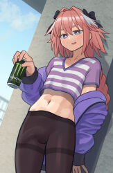 Rule 34 | 1boy, absurdres, against wall, astolfo (fate), astolfo monster cosplay (meme), belt, black bow, black pantyhose, black skirt, blush, bo (bocky0w0), bow, braid, braided ponytail, bright pupils, bulge, can, collarbone, cowboy shot, cropped shirt, fate/grand order, fate (series), grey eyes, hair between eyes, hair bow, hair intakes, highres, holding, holding can, jacket, long hair, long sleeves, looking at viewer, male focus, meme, midriff, miniskirt, monster energy, multicolored hair, navel, no pants, open clothes, open jacket, open mouth, outdoors, pantyhose, pink hair, pleated skirt, purple jacket, purple shirt, shirt, skirt, smile, solo, streaked hair, striped clothes, striped shirt, sweatdrop, thighband pantyhose, trap, white hair, white pupils