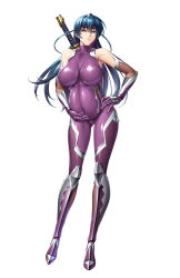 1girl blue_hair bodysuit breasts female_focus full_body green_eyes hand_on_own_stomach huge_breasts igawa_asagi ninja official_art pregnant smile solo sword sword_behind_back taimanin_(series) taimanin_rpgx weapon