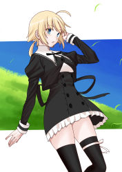 Rule 34 | 1girl, absurdres, ahoge, amano soraha, arm at side, assault lily, black skirt, black thighhighs, blonde hair, blue eyes, blue sky, breasts, buttons, clothes lift, commentary request, cowboy shot, cropped jacket, day, frilled skirt, frills, grass, hand in own hair, hand up, high-waist skirt, highres, juliet sleeves, leg ribbon, leg up, letterboxed, light blush, long sleeves, looking away, low ponytail, medium breasts, medium hair, miniskirt, neck ribbon, outdoors, outside border, panties, pantyshot, parted lips, ponytail, puffy sleeves, ribbon, sasaki33916, school uniform, skirt, skirt lift, sky, solo, standing, standing on one leg, thighhighs, underwear, upskirt, white panties, white ribbon, wind, wind lift, yurigaoka girls academy school uniform