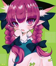 Rule 34 | 1girl, absurdres, animal ear fluff, animal ears, bandaid, bandaid on knee, bandaid on leg, bare shoulders, black bow, blush, bow, braid, cat ears, character name, dotted background, dress, extra ears, fang, green background, green dress, highres, kaenbyou rin, long hair, open mouth, pointy ears, red eyes, red hair, renakobonb, signature, simple background, slit pupils, solo, touhou, twin braids