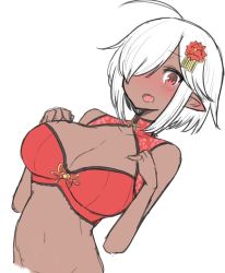 Rule 34 | 1girl, ahoge, antenna hair, blush, bra, breasts, cleavage, cleavage cutout, clothing cutout, commentary request, dark skin, dark-skinned female, elf, embarrassed, fang, hair ornament, hair over one eye, large breasts, looking at viewer, malice stella, one eye closed, open mouth, pointy ears, red bra, red eyes, simple background, solo, underwear, upper body, white background, white hair