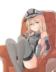 Rule 34 | 1girl, bad id, bad pixiv id, bare shoulders, bismarck (kancolle), blonde hair, blue eyes, breasts, brown gloves, detached sleeves, gloves, grey thighhighs, hair between eyes, hat, kantai collection, large breasts, long hair, military, military uniform, peaked cap, sideboob, simple background, solo, thighhighs, tiasis, uniform, white background