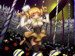Rule 34 | 10s, 1girl, beret, bin bin, blonde hair, boots, breasts, corset, detached sleeves, drill hair, fingerless gloves, gloves, hair ornament, hat, large breasts, magical girl, mahou shoujo madoka magica, mahou shoujo madoka magica (anime), pleated skirt, pyotr (madoka magica), shirt, skirt, taut clothes, taut shirt, thighhighs, tomoe mami, witch&#039;s labyrinth, yellow eyes