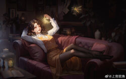 Rule 34 | 1girl, absurdres, arm behind head, arms up, belt, black pantyhose, book, braces, brown eyes, brown hair, chunhwei lee, couch, creature, crossed legs, curly hair, cushion, dark background, dress, fairy, full body, hand up, highres, holding, holding creature, indoors, jar, jewelry, light, long dress, long hair, long sleeves, looking at creature, lying, necklace, no shoes, on back, on couch, open book, open mouth, painting (object), pantyhose, parted bangs, picture frame, plant, potted plant, red belt, red dress, reverse:1999, shirt, solo, table, tooth fairy (reverse:1999), tooth necklace, vase, weibo logo, weibo watermark, white shirt