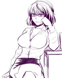 Rule 34 | 1girl, alternate costume, bad id, bad pixiv id, bespectacled, breasts, cleavage, collared shirt, dress shirt, glasses, grin, hairband, hand on own cheek, hand on own face, kurirou, large breasts, long sleeves, looking at viewer, monochrome, office lady, open collar, purple-framed eyewear, shirt, short hair, sitting, skirt, smile, solo, spot color, touhou, yasaka kanako