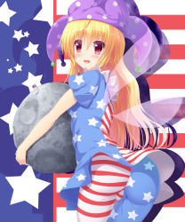 Rule 34 | 1girl, american flag, american flag dress, american flag legwear, ass, blonde hair, carrying, clownpiece, fairy wings, fat mons, hat, highres, jester cap, liya, long hair, moon, open mouth, pantyhose, red eyes, smile, solo, striped, striped background, touhou, very long hair, wings