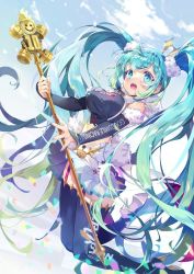 Rule 34 | aqua eyes, aqua hair, black footwear, blue sky, boots, breasts, cloud, commentary request, detached sleeves, full body, fur trim, garter straps, hatsune miku, holding, holding staff, large breasts, long hair, midriff, open mouth, oswald musashi, outdoors, racing miku, sky, solo, staff, teeth, thigh boots, thighhighs, twintails, very long hair, vocaloid