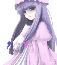 Rule 34 | 1girl, bow, dress, face, female focus, ginji (sakaki summer), hair bow, hat, long hair, mob cap, patchouli knowledge, pink bow, purple eyes, purple hair, solo, striped clothes, striped dress, touhou, vertical stripes