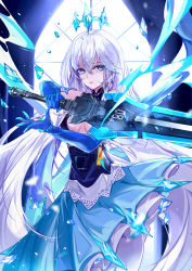 Rule 34 | 1girl, absurdres, arm up, bare shoulders, black dress, blue dress, blue eyes, blue gloves, crown, dress, elbow gloves, eyelashes, floating crown, frilled dress, frills, gloves, hair between eyes, hand up, highres, holding, holding sword, holding weapon, ice, layered dress, long hair, looking at viewer, meryl (tower of fantasy), multicolored clothes, multicolored dress, parted lips, sidelocks, sleeveless, sleeveless dress, solo, standing, sword, tiara, tower of fantasy, vardan, very long hair, weapon, white hair, window