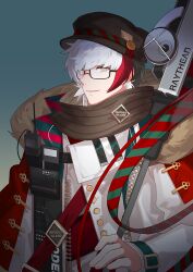 Rule 34 | 1boy, arknights, bespectacled, black hair, black hat, blue background, capelet, commentary, elysium (arknights), elysium (snowy echo) (arknights), fur-trimmed jacket, fur trim, glasses, gradient background, green scarf, grey eyes, hat, highres, holding, holding polearm, holding weapon, jacket, looking at viewer, male focus, multicolored hair, nsi (2312 0120), official alternate costume, polearm, rectangular eyewear, red capelet, red hair, red scarf, scarf, smile, solo, spear, striped clothes, striped scarf, upper body, walkie-talkie, weapon, white hair, white jacket