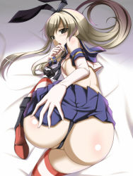 Rule 34 | 10s, 1girl, anchor hair ornament, ass, black eyes, black panties, blonde hair, blue skirt, blush, breasts, crop top, elbow gloves, from behind, gloves, hair ornament, hairband, highres, huge ass, kantai collection, long hair, looking at viewer, looking back, microskirt, neckerchief, on bed, open mouth, panties, pleated skirt, school uniform, serafuku, shimakaze (kancolle), shiny skin, skirt, sleeveless, small breasts, solo, striped clothes, striped thighhighs, thighhighs, thong, toron (mino106), underboob, underwear, white gloves