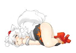 Rule 34 | 1girl, animal ears, bent over, bottomless, clothes lift, drooling, closed eyes, female focus, hat, hat ribbon, highres, inubashiri momiji, lying, no panties, off shoulder, on stomach, open mouth, ribbon, shirt, short hair, silver hair, skirt, skirt lift, sleeping, solo, sweat, tail, tokin hat, touhou, wolf ears, wolf tail, yonaki