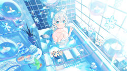Rule 34 | 1girl, animal, animal ear fluff, animal ears, bare shoulders, bath, bathing, bathroom, bathtub, bird, blue eyes, book, breasts, candle, cleavage, closed mouth, collarbone, commentary request, copyright request, cup, cupcake, day, fire, flower, food, grey hair, hair between eyes, hands up, ikari (aor3507), indoors, long hair, medium breasts, naked towel, official art, open book, partially submerged, ponytail, saucer, smile, snowflakes, solo, spoon, sunlight, table, tail, teacup, teapot, tiered tray, tile wall, tiles, towel, virtual youtuber, water, wings, yellow flower