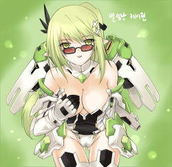 Rule 34 | 1girl, :p, bare shoulders, bodysuit, breasts, cleavage, covering privates, covering breasts, elsword, glasses, gloves, green eyes, green hair, groin, hair ornament, hairclip, korean text, leotard, long hair, matching hair/eyes, mecha musume, pointy ears, rena erindel, solo, sunglasses, tama (tamatamo), text focus, tongue, tongue out, translated