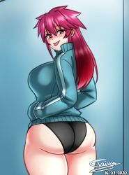 Rule 34 | 1girl, artist request, ass, blush, breasts, buruma, dated, highres, huge ass, itadaki! seieki, large breasts, looking at viewer, looking back, naughty face, red eyes, red hair, setogaya mari, smile, solo, standing, tongue, tongue out