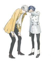 2boys arm_up ascot belt black_footwear black_pants blue_hair closed_eyes coat collared_coat commentary_request dark_blue_hair hairband hand_on_another&#039;s_head hands_on_own_thighs heterochromia highres horns looking_at_another male_focus metal_hairband metaphor:_refantazio multiple_boys open_clothes open_coat pants parted_lips patterned_clothing protagonist_(metaphor:_refantazio) shirt short_hair simple_background standing strohl_(metaphor:_refantazio) white_ascot white_background white_belt white_coat white_hair white_shirt yellow_coat yosora