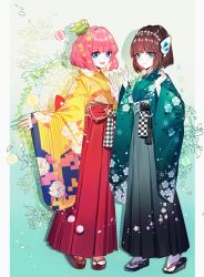 Rule 34 | 2girls, :d, absurdres, ball, baocaizi, black footwear, black hakama, blue eyes, blush, brown hair, character request, closed mouth, commentary, floral background, floral print, gradient hakama, green kimono, grey hakama, hair ornament, hakama, hakama skirt, hand up, hands up, headgear, highres, huge filesize, izu (kamen rider 01), japanese clothes, kamen rider, kamen rider 01 (series), kamen rider ex-aid (series), kimono, long sleeves, multiple girls, open mouth, pink hair, poppi pipopapo, print kimono, red hakama, sandals, short hair, skirt, sleeves past wrists, smile, socks, star (symbol), star hair ornament, tabi, v, white legwear, wide sleeves, yellow kimono, zouri