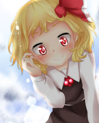 Rule 34 | 1girl, bad id, bad pixiv id, blonde hair, blue sky, cloud, ear tug, hair ribbon, highres, leaning forward, lens flare, long sleeves, looking at viewer, necktie, red eyes, ribbon, rumia, short hair, skirt, skirt set, sky, smile, solo, touhou, udongein, yamato (muchuu paradigm)