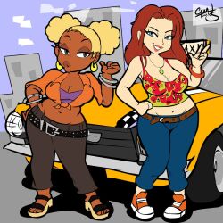 Rule 34 | 2girls, artist name, beckoning, blonde hair, blue eyes, bracelet, breasts, camtoons, cinnamon (crazy taxi), cleavage, crazy taxi, crazy taxi 2, curvy, dark-skinned female, dark skin, earrings, gena (crazy taxi), hand on own hip, highres, hip bones, jewelry, large breasts, long hair, midriff, multiple girls, navel, necklace, red hair, sandals, sega, shoes, smile, sneakers, tank top, taxi, thick lips, toes, v, vehicle, wide hips