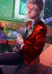 Rule 34 | 1boy, alcohol, arurandeisu, bad perspective, beard, black pants, bottle, facial hair, feet out of frame, formal, glass, glasses, glint, grey eyes, grey hair, holostars, indoors, kainown, looking at viewer, male focus, pants, red suit, sitting, solo, suit, virtual youtuber