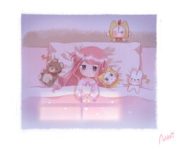 Rule 34 | 1girl, alarm clock, bags under eyes, blush, bow, bowtie, brown eyes, cat, character name, clock, dark, highres, long hair, looking at viewer, lying, miracle nikki, momo (miracle nikki), nikki (miracle nikki), official art, on bed, pajamas, parted lips, pink hair, pink pajamas, shining nikki, signature, star (symbol), stuffed animal, stuffed toy, teddy bear, teeth, under covers, unhappy, white cat, yellow cloak, zzz