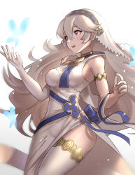 Rule 34 | 1girl, bug, butterfly, corrin (female) (fire emblem), corrin (fire emblem), dress, fire emblem, fire emblem fates, fire emblem heroes, gloves, gonzarez, highres, insect, long hair, nintendo, open mouth, pointy ears, red eyes, simple background, single glove, solo, white background, white dress, white hair, white legwear