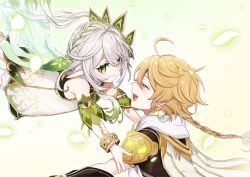 Rule 34 | 1boy, 1girl, aether (genshin impact), ahoge, bare shoulders, blonde hair, braid, closed eyes, dress, earrings, genshin impact, green eyes, green hair, hair ornament, highres, imminent hug, jewelry, long hair, multicolored hair, nahida (genshin impact), open mouth, pointy ears, side ponytail, single braid, single earring, smile, sushi 171, symbol-shaped pupils, two-tone hair, upper body, white dress, white hair