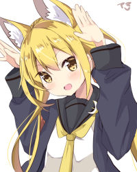 Rule 34 | 10s, 1girl, amano kouki, animal ears, armband, black serafuku, blonde hair, blue jacket, blush, crescent, crescent pin, fox ears, hair between eyes, highres, jacket, kantai collection, long hair, long sleeves, looking at viewer, low twintails, neckerchief, necktie, open mouth, rabbit pose, satsuki (kancolle), satsuki kai ni (kancolle), school uniform, serafuku, simple background, smile, solo, twintails, upper body, white background, yellow eyes, yellow necktie