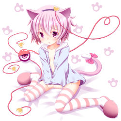 Rule 34 | 1girl, animal ears, bottomless, cat ears, cat girl, cat tail, cat yaxi, choko (mixberry parfait), eyebrows, female focus, hairband, heart, heart-shaped pupils, heart of string, highres, kemonomimi mode, komeiji satori, naked shirt, no pants, open mouth, pink eyes, pink hair, ribbon, shirt, sitting, slippers, solo, striped clothes, striped thighhighs, symbol-shaped pupils, tail, tail ornament, tail ribbon, thighhighs, touhou, wariza