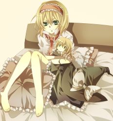 Rule 34 | 1girl, alice margatroid, bad id, bad pixiv id, barefoot, bed, blonde hair, character doll, doll, feet, female focus, frilled pillow, frills, green eyes, hairband, hat, kirisame marisa, pillow, solo, touhou, tsukioka tsukiho, witch, witch hat