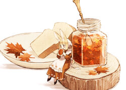 Rule 34 | 1girl, animal ears, apron, autumn, autumn leaves, back bow, blonde hair, bow, bread, bread slice, commentary request, dress, food, frilled apron, frills, hinata (echoloveloli), holding, holding food, jam, jar, leaf, long sleeves, maple leaf, original, plate, rabbit ears, rabbit girl, rabbit tail, shoes, sitting, solo, tail, tree stump, wide shot