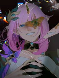 Rule 34 | 1girl, :d, absurdres, astroprinceps, black gloves, blue eyes, breasts, bug, butterfly, cleavage, elf, elysia (honkai impact), elysia (miss pink elf) (honkai impact), gloves, grin, hair ornament, highres, honkai (series), honkai impact 3rd, insect, long hair, one eye covered, open mouth, pink hair, pointy ears, reflection, shards, single glove, smile, solo, teeth, yellow butterfly