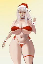 Rule 34 | 1girl, absurdres, bad id, bad pixiv id, bandeau, bare shoulders, belly, bikini, blonde hair, braid, breasts, choker, cleavage, commentary request, covered erect nipples, curvy, flower, frilled choker, frills, front-tie top, fur-trimmed bikini, fur trim, gradient background, hair flower, hair ornament, hand up, hat, highleg, highleg bikini, highres, huge breasts, lipstick, long hair, looking at viewer, makeup, mole, mole on breast, nail polish, navel, red bikini, red choker, red hat, red lips, sahwa, santa hat, shiny skin, side-tie bikini bottom, simple background, skindentation, solo, standing, strapless, strapless bikini, swimsuit, teeth, thick thighs, thigh strap, thighs, upper teeth only, white background, white flower, yellow background, yellow eyes