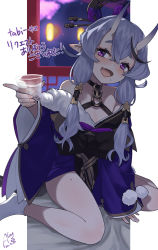 Rule 34 | 1girl, alcohol, arm support, bare shoulders, between legs, black hair, blush, breasts, choker, cleavage, commentary request, cup, drinking glass, fang, hair ornament, hair ribbon, hair stick, hair tubes, hand between legs, highres, holding, holding cup, horns, japanese clothes, kimono, light purple hair, long hair, mole, mole on thigh, mole under mouth, multicolored hair, nijisanji, o-ring, o-ring choker, obi, oni, open mouth, pointy ears, pom pom (clothes), purple eyes, purple kimono, purple ribbon, ribbon, rindou mikoto, rkrk, sash, short eyebrows, short kimono, sitting, skin-covered horns, sleeves past wrists, socks, solo, streaked hair, thick eyebrows, virtual youtuber, wariza, white socks, wide sleeves