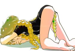 Rule 34 | androgynous, ass, barefoot, black shorts, blonde hair, dated, feet, gender request, houseki no kuni, kurodai, long hair, looking at viewer, looking back, nail polish, other focus, shorts, simple background, soles, solo, sparkle, sphene (houseki no kuni), toes, top-down bottom-up, uniform, watermark, white background, yellow eyes, yellow nails