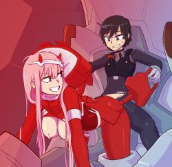 Rule 34 | 10s, 1girl, bent over, bodysuit, bound, bound arms, bound legs, bound wrists, breasts, breasts out, clothed sex, commission, darling in the franxx, hanging breasts, happy sex, hetero, highres, hiro (darling in the franxx), horns, mecha, nipples, pilot suit, pink hair, red bodysuit, restrained, robot, sex, smile, sweatdrop, tenk, torn bodysuit, torn clothes, zero two (darling in the franxx)