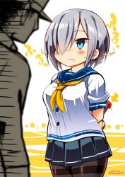 Rule 34 | 10s, 1boy, 1girl, 2016, admiral (kancolle), black pantyhose, blue eyes, blush, commentary request, dated, food, food in mouth, food on clothes, food on face, hair over one eye, hamakaze (kancolle), highres, kantai collection, neckerchief, pantyhose, pleated skirt, richou (zerozero1101), sailor collar, school uniform, serafuku, short hair, silver hair, skirt, thighband pantyhose, twitter username, white background, yellow neckerchief