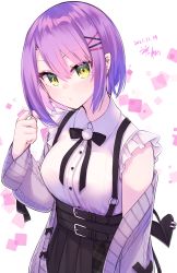Rule 34 | 1girl, black skirt, blouse, cardigan, collared shirt, commentary request, dated, ear piercing, green eyes, grey cardigan, hair between eyes, hair ornament, high-waist skirt, highres, hikawa shou, hololive, looking at viewer, off shoulder, piercing, purple hair, shirt, short hair, skirt, sleeveless, sleeveless shirt, solo, suspender skirt, suspenders, tokoyami towa, upper body, virtual youtuber, white shirt, x hair ornament